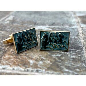Vtg Equestrian 4 Horses Black Patina Enamel Cuff Links Gold Plate One Of A Kind